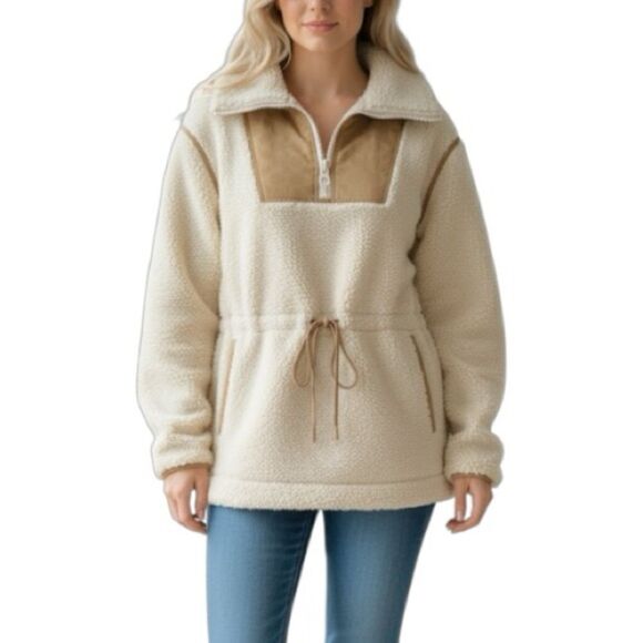 Coach Jackets & Blazers - Coach Half-Zip Cream Sherpa Fleece Pullover Jacket with Tan Accents Size XS